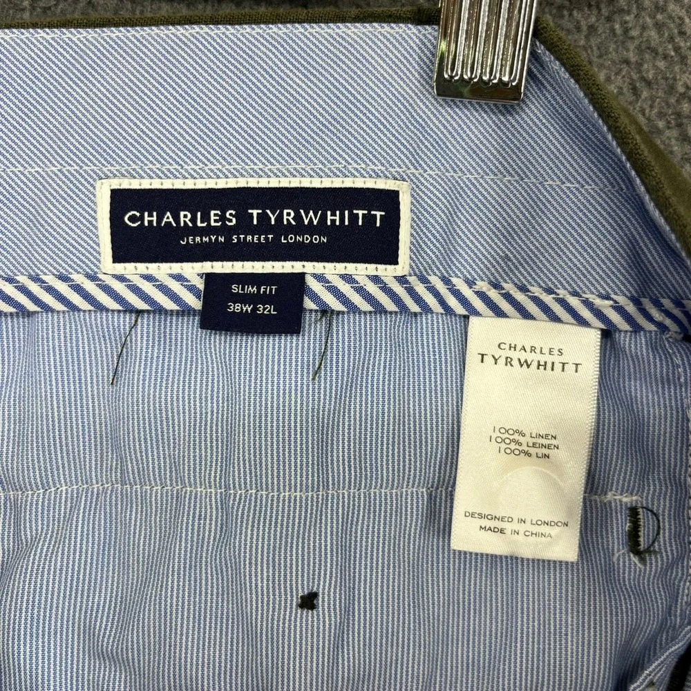 Charles Tyrwhitt Slim Fit Linen Dress Pants Khaki Green Men 38W 32L (35in X 27in